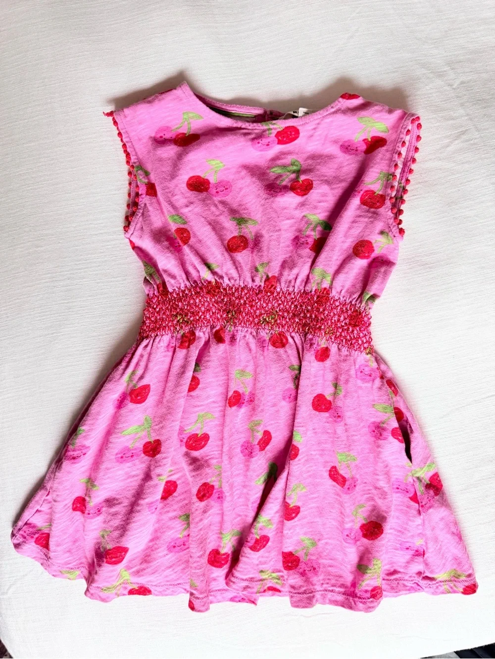 Mini Boden Pink Cherry Smocked Waist Sleeveless Dress size 5-6yr